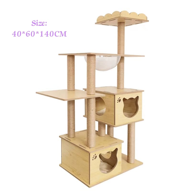 Modern Cat Tree Wooden Cat Tree No Carpet, Multi-Level Wood Cat Tower with Large Cat Condo, Round Top Perch, Scratching Post