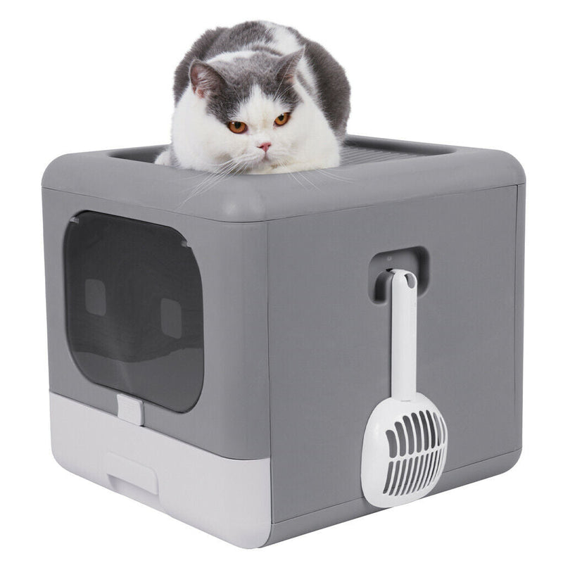 Cat Litter Box with Scoop and Tray Sifting Enclosed Foldable Kitten Toilet Detachable Poop Top Front Entry Pet Supplies