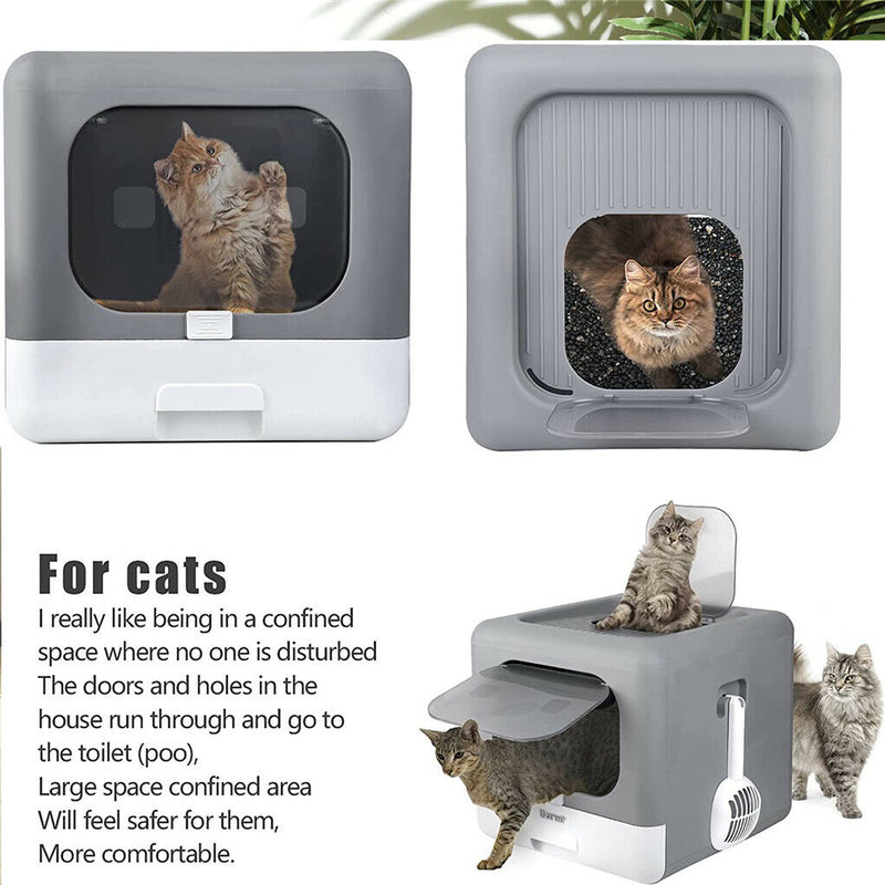 Cat Litter Box with Scoop and Tray Sifting Enclosed Foldable Kitten Toilet Detachable Poop Top Front Entry Pet Supplies