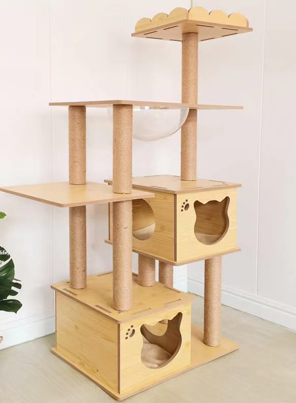 Modern Cat Tree Wooden Cat Tree No Carpet, Multi-Level Wood Cat Tower with Large Cat Condo, Round Top Perch, Scratching Post